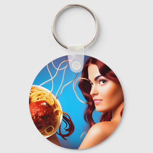 Goddess With A Plate Of Spaghetti and Meatballs Keychain (Front)