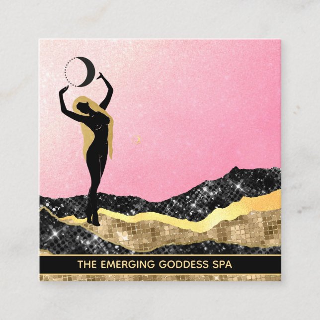 *~* Goddess Woman Ombre Pink Glitter Cosmic Moon  Square Business Card (Front)