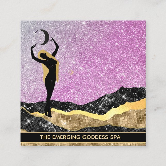 *~* Goddess Woman Ombre Pink Glitter Cosmic Moon   Square Business Card (Front)
