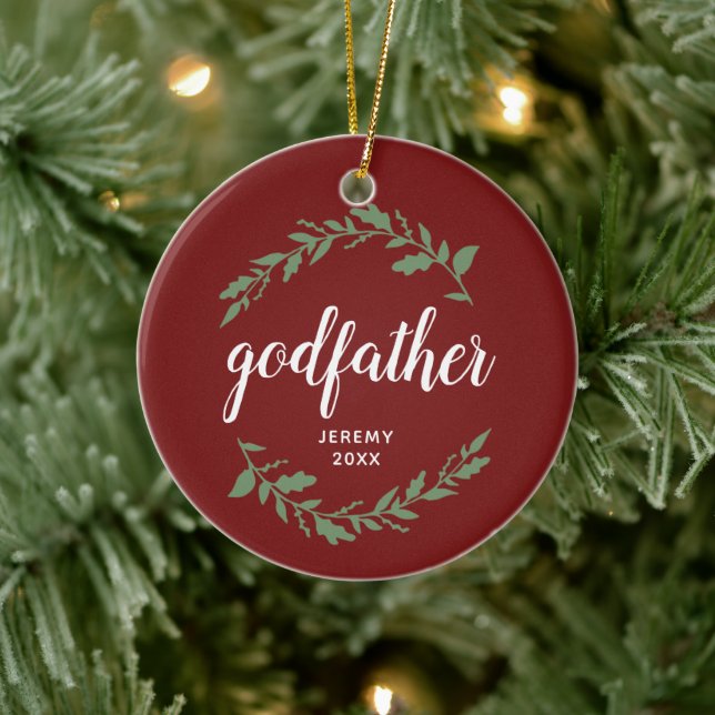 Godfather Personalized Godparent Name Leaf Laurels Ceramic Ornament (Tree)