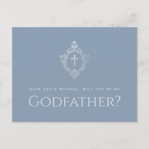 Godfather Proposal Dust Blue Elegant Crest Cross Holiday Postcard