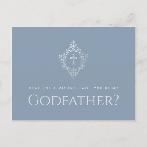 Godfather Proposal Dust Blue Elegant Crest Cross Holiday Postcard
