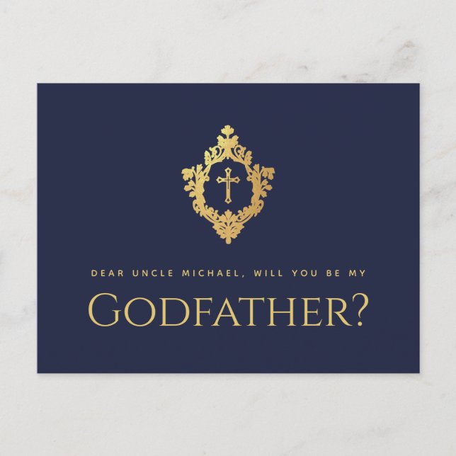 Godfather Proposal Navy Blue Cross Crest Faux Gold Holiday Postcard (Front)