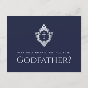 Godfather Proposal Navy Blue Vintage Crest Cross Holiday Postcard