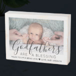 Godfather Thank You Baptism or Christening Photo Wooden Box Sign<br><div class="desc">A thoughtful way to thank your baby's godfather is to give him a stylish photo gift of his godchild that he can save as a keepsake. All pictures and wording are simple to personalize, including quote that reads "Godfathers are a blessing, thank you for being mine." (IMAGE PLACEMENT TIP: An...</div>