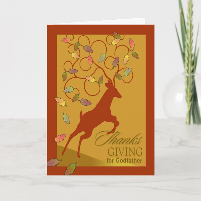 Godfather Thanksgiving Deer Jumping Antler Leaves Holiday Card (Front)