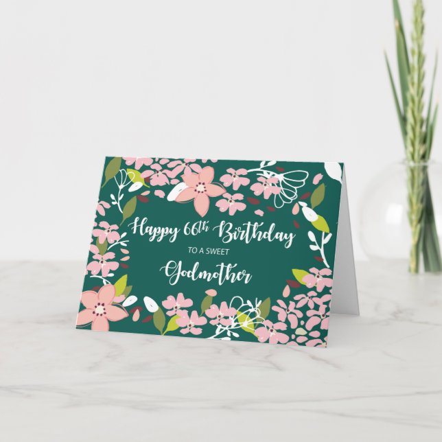 Godmother 66th Birthday Green Flowers Card (Front)