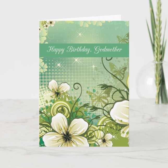 Godmother Birthday Green Flowers Card (Front)