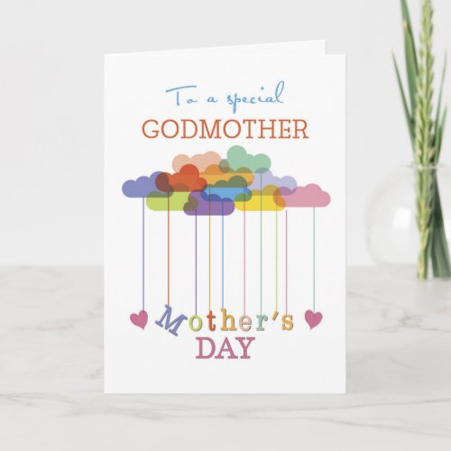 Godmother Cute Mothers Day Rainbow Clouds Hearts Card