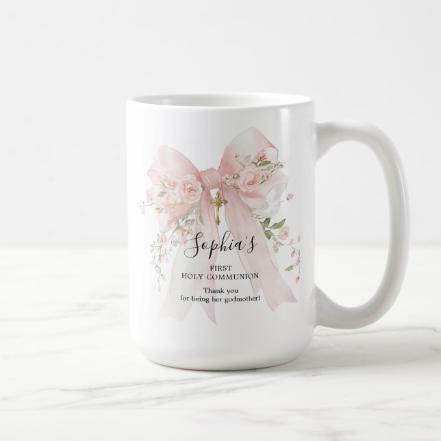 Godmother Gift First Communion Pink Bow Roses Coffee Mug (Right)
