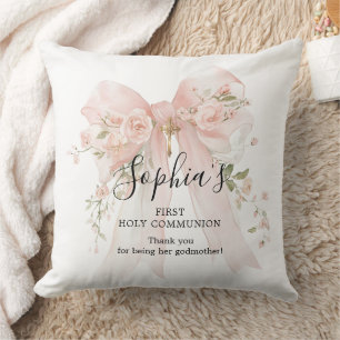 Godmother Gift First Communion Pink Bow Roses Throw Pillow