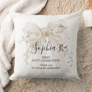 Godmother Gift First Communion White Bow Roses Throw Pillow