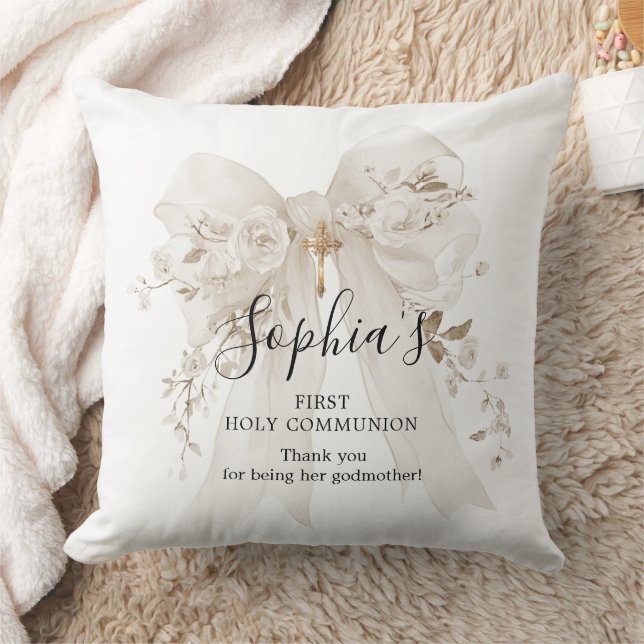 Godmother Gift First Communion White Bow Roses Throw Pillow (Blanket)