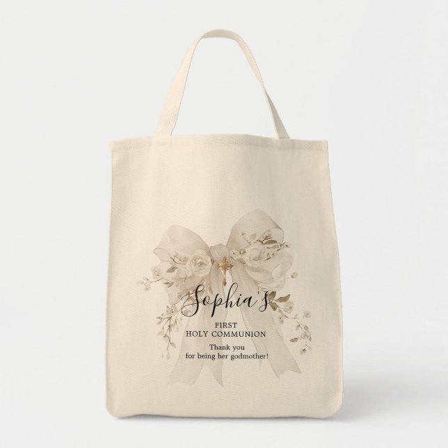 Godmother Gift First Communion White Bow Roses Tote Bag (Front)