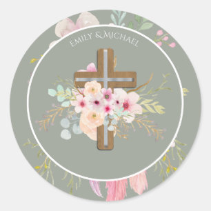 Godmother - Personalized Floral Cross Sage Green Classic Round Sticker