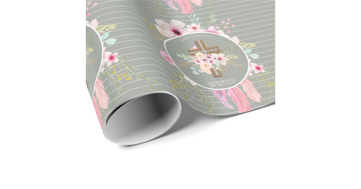 Godmother - Personalized Floral Cross Sage Green Wrapping Paper