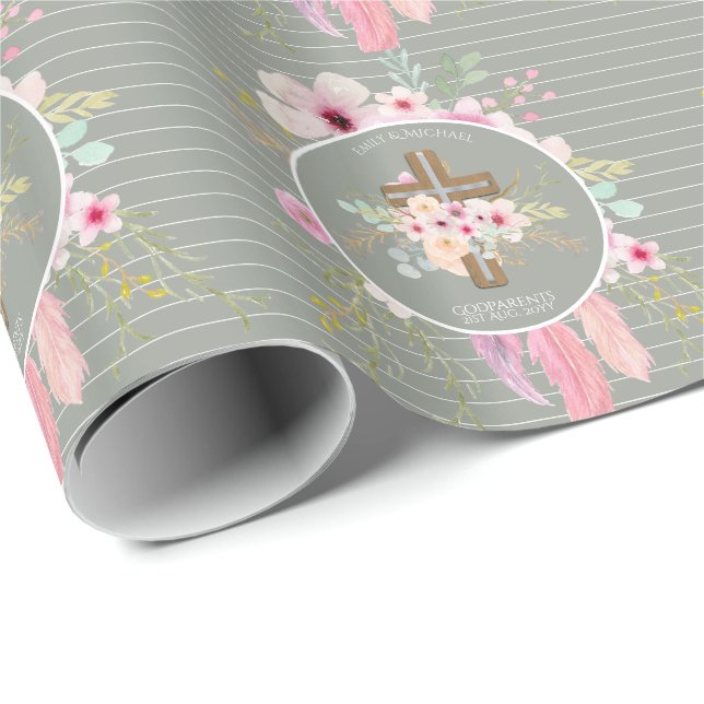 Godmother - Personalized Floral Cross Sage Green Wrapping Paper (Roll Corner)