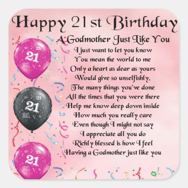 Godmother Poem - 21st Birthday Design Square Sticker | Zazzle