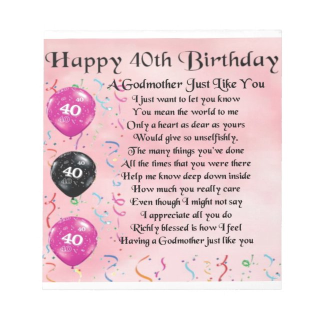 Godmother poem - 40th Birthday Design Notepad (Front)