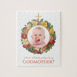 Godmother Proposal Floral Photo in Rose Wreath Jigsaw Puzzle