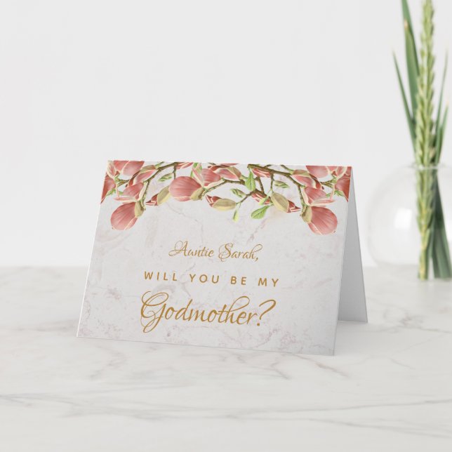 Godmother Proposal Floral Pink Magnolia Marble Card (Front)