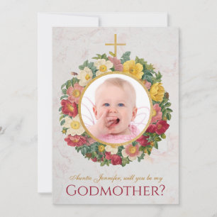Godmother Proposal Photo Rose Wreath Script Marble