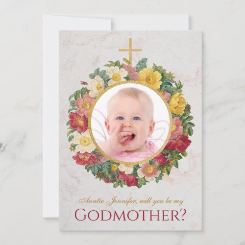 Godmother Proposal Photo Rose Wreath Script Marble