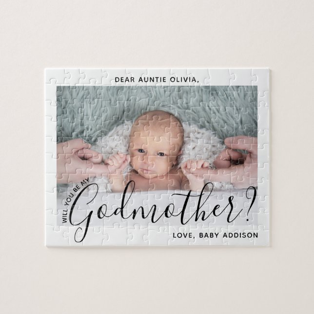 Godmother Proposal Simple Modern Script Baby Photo Jigsaw Puzzle (Horizontal)