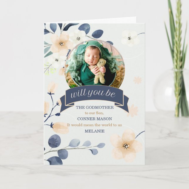 Godmother Request Blue and Yellow Blossoms Photo Card (Front)