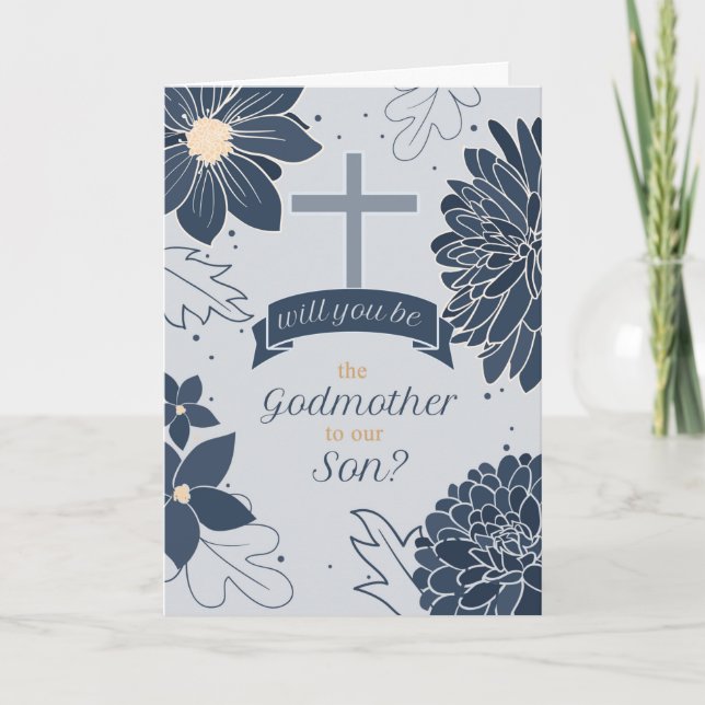 Godmother Request for Son Bold Navy Blue Botanical Card (Front)