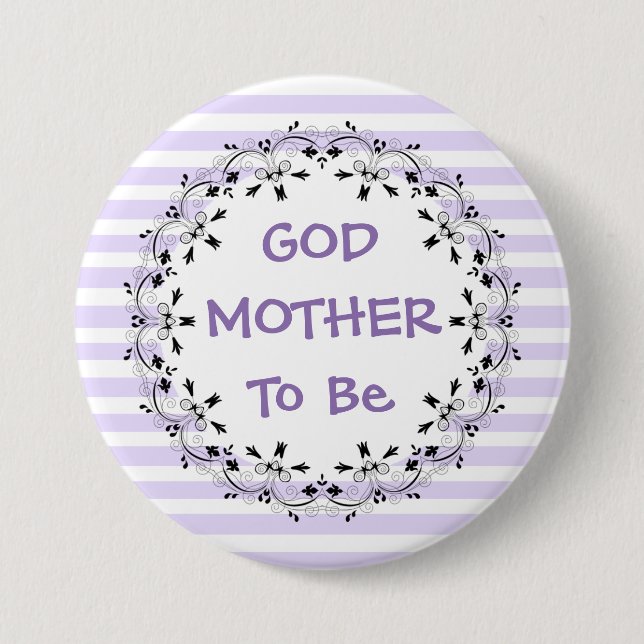 Godmother To Be Purple Striped Baby Shower Button (Front)