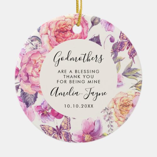Godmothers Are a Blessing Floral Butterfly Photo Ceramic Ornament