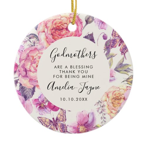 Godmothers Are a Blessing Floral Butterfly Photo Ceramic Ornament