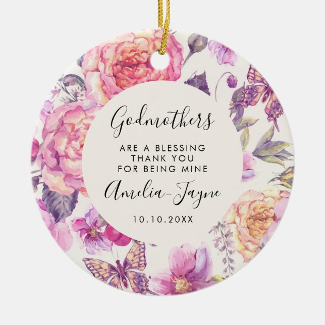 Godmothers Are a Blessing Floral Butterfly Photo Ceramic Ornament (Front)