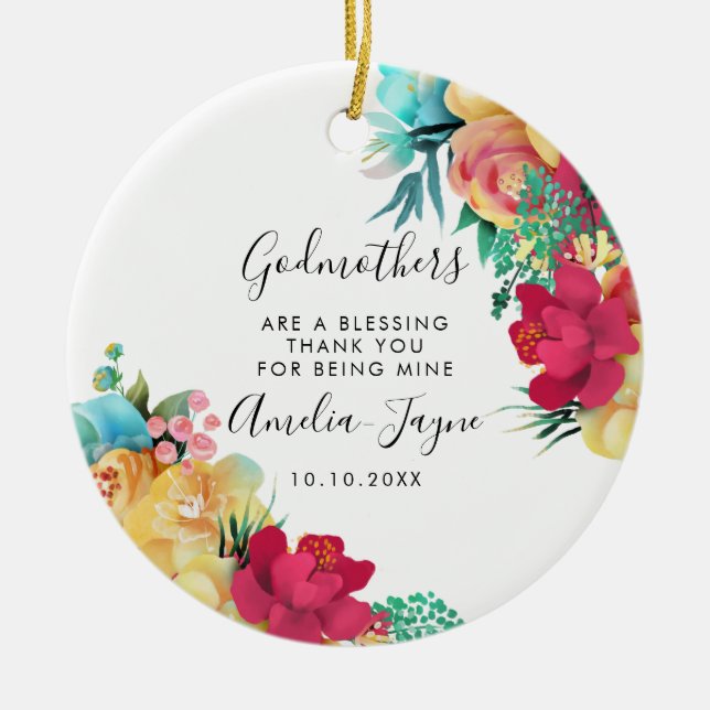 Godmothers Are a Blessing Floral Photo Ceramic Ornament (Front)