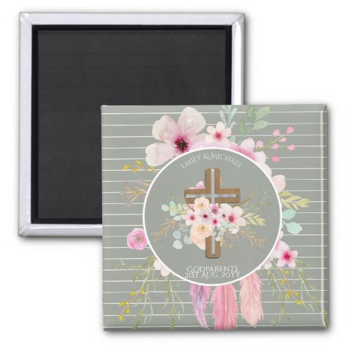 Godparent _ Personalized Floral Cross Sage Green Magnet
