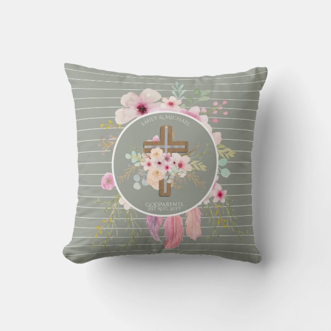 Godparent - Personalized Floral Cross Sage Green Throw Pillow (Front)