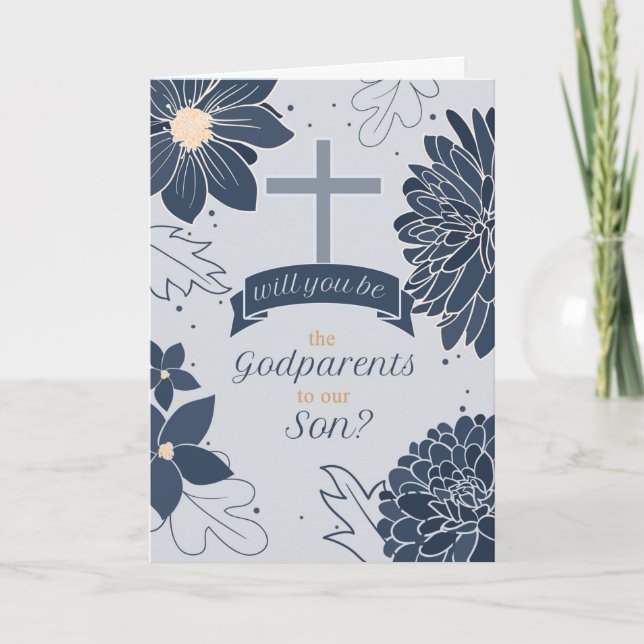 Godparent Request for Son Bold Navy Blue Botanical Card (Front)