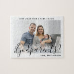 Godparents Proposal Simple Modern Script Photo Jigsaw Puzzle<br><div class="desc">A thoughtful way to ask family members or friends to be your child's godparents is to give them a stylish customized photo proposal puzzle they can save as a keepsake. All pictures and wording are simple to personalize, including quote that reads "Will you be my Godparents?" (IMAGE PLACEMENT TIP: An...</div>