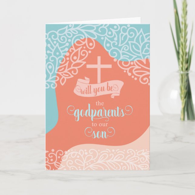 Godparents Request Orange and Blue with Cross Card (Front)