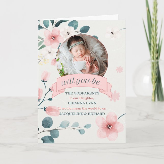 Godparents Request Peach Blossoms with Photo Card (Front)