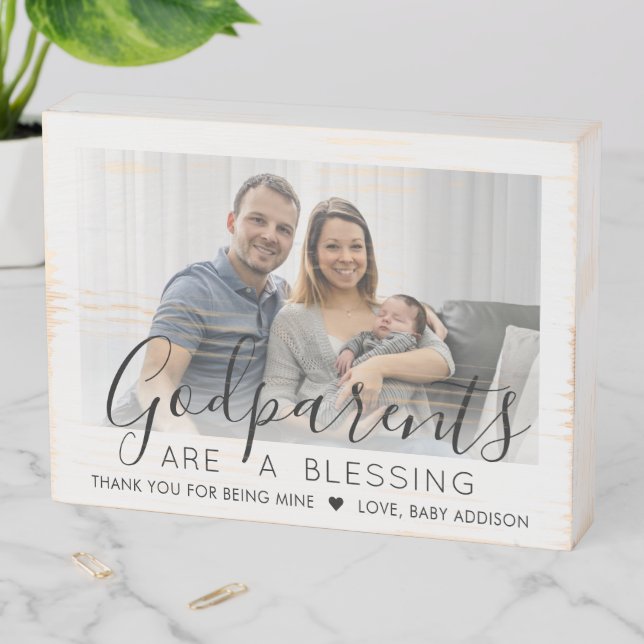 Godparents Thank You Baptism or Christening Photo Wooden Box Sign (In Situ Horizontal)