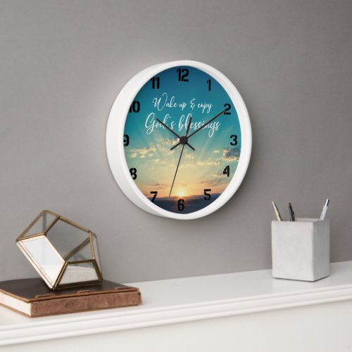 Gods Blessings Quote with Early Sunrise Beams Clock
