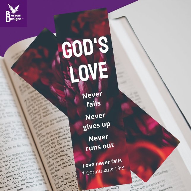 GOD'S LOVE NEVER FAILS Christian Bookmarks (Christian floral bookmark with GOD'S LOVE NEVER FAILS and customizable text. Gift for book lovers)