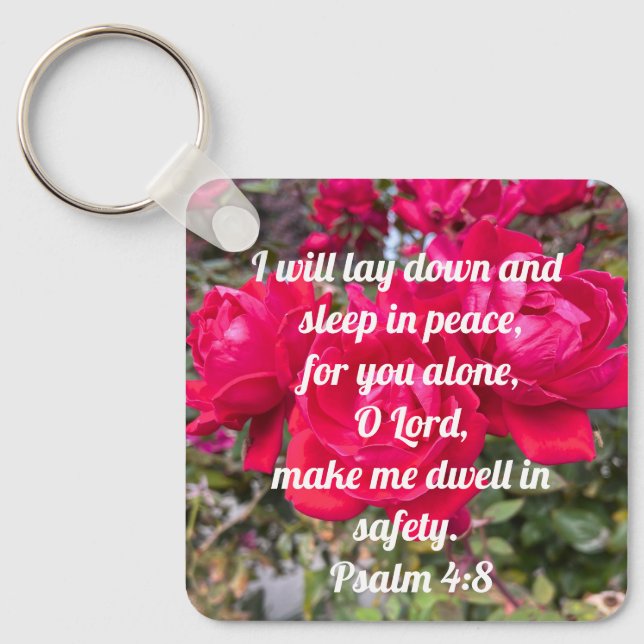 God's Peace Psalm 4:8 Bible Verse Red Rose Keychain (Front)