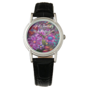 God's Timing is Perfect Abstract Floral Pink Teal Watch