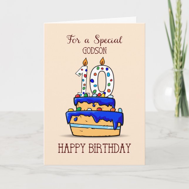Godson 10th Birthday, 10 on Sweet Blue Cake Card (Front)