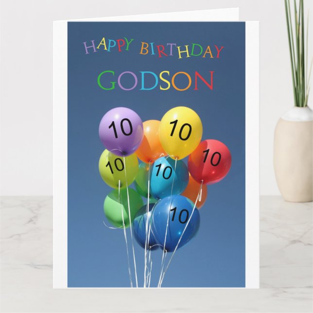 Godson, 10th birthday colored balloons card (Front)