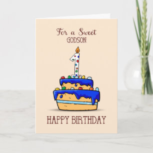 Godson 1st Birthday, 1 on Sweet Blue Cake Card