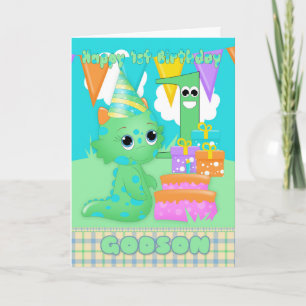 Godson 1st Birthday Cute Little Monster With Gifts Card